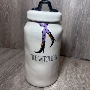 Rae Dunn “The Witch Is In” Halloween Jar – Purple Polka Dot Witch Boots Ceramic